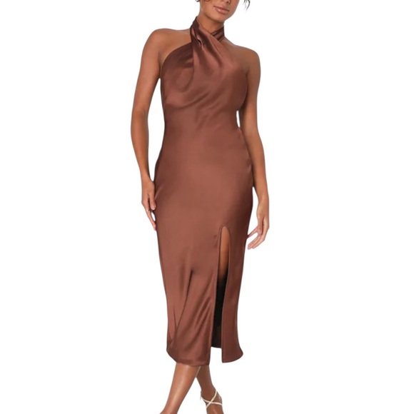 Lulus Dresses & Skirts - NEW Lulus Beyond Classy Brown Satin Halter Dress